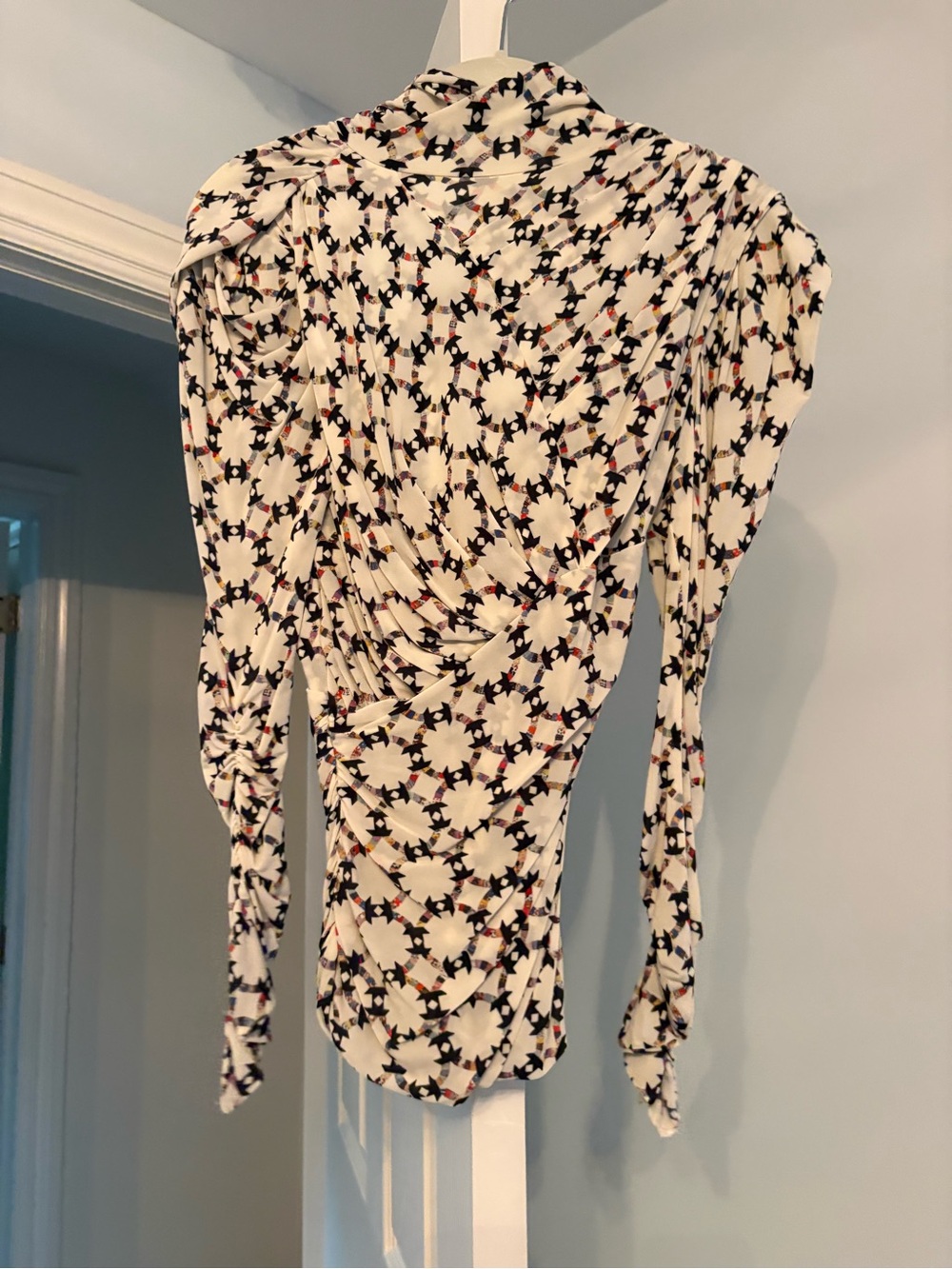 Isabel Marant Cream Long-Sleeve Printed Draped Top with Black and Red Stars